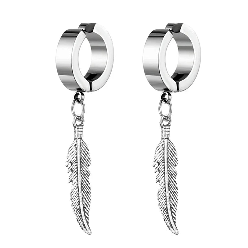 2pc Punk Cross Feather Stud Earrings | Unisex Stainless Steel Hoop Earrings