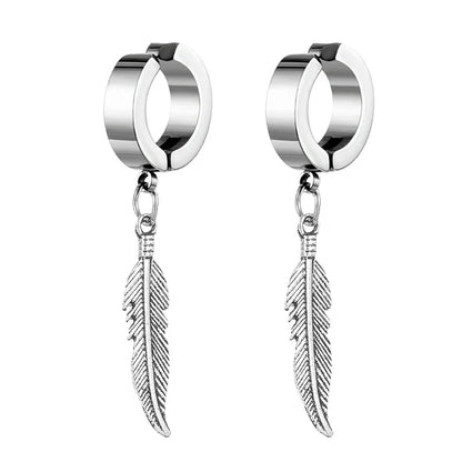 2pc Punk Cross Feather Stud Earrings | Unisex Stainless Steel Hoop Earrings