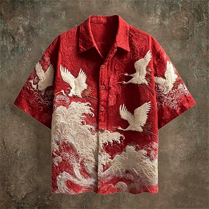 Embossed Flying Crane and Wave Printing Casual Short Sleeved Shirt