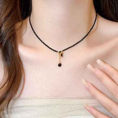 Black Crystal Bead Tassel Necklace | Trendy Collarbone Chain