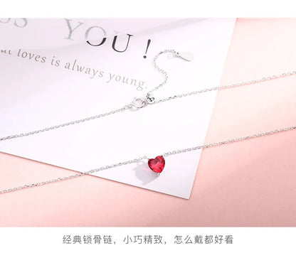Silver Plated Red Zircon Heart Pendant Necklace | Women's Charm Jewelry