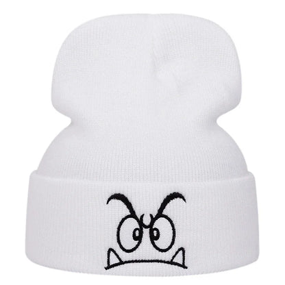 Angry expression embroidered knitted hat, warm woolen hat for men's and women'soutdoor sports events in autumn and winter