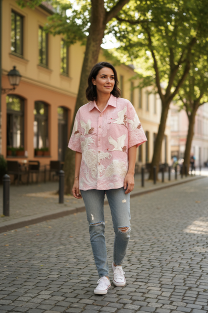 Embossed Flying Crane and Wave Printing Casual Short Sleeved Shirt