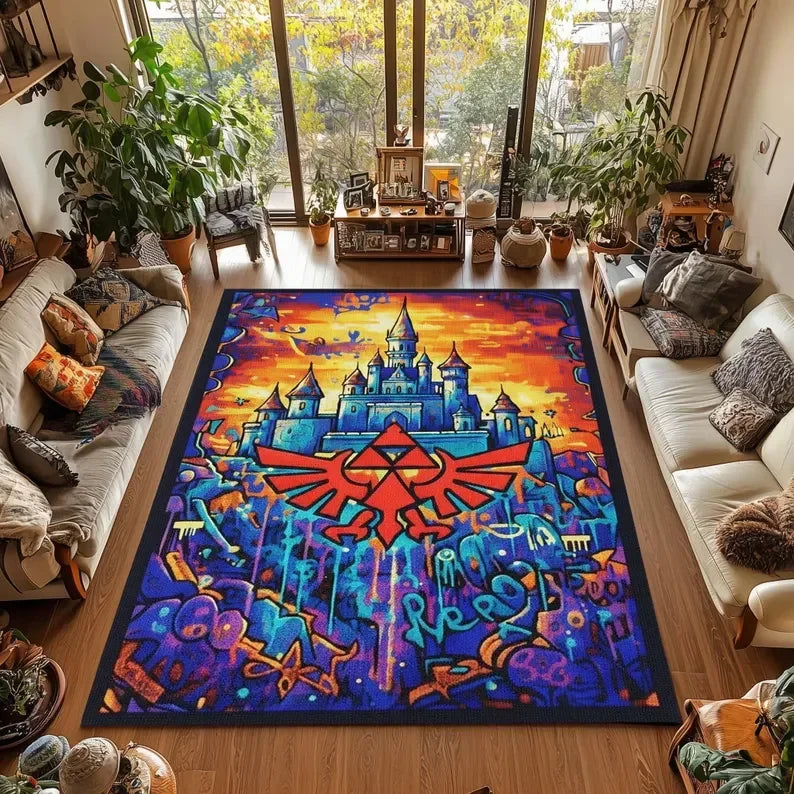 Castle Rug Graffiti-Triforce Gamer Room Decor Gaming Rug for HHyrule Lovers Mystical Eclectic Gamer Christmas Gift