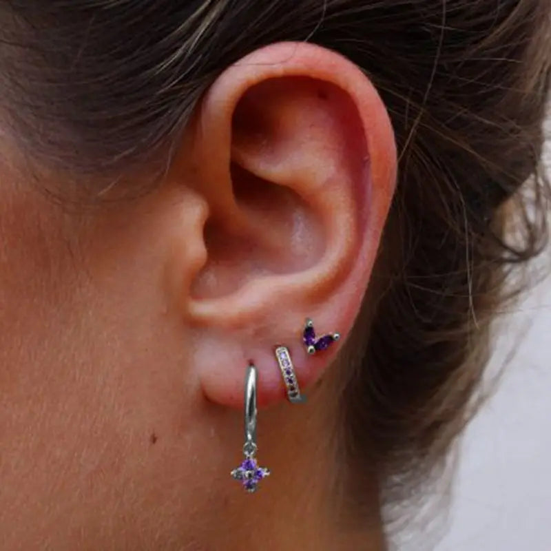 3Pcs Crystal Tragus Stud Earring Set | Flower Cartilage Huggie Earring Bulk Helix Jewelry Women Fashion Heart Lobe Earring Pack