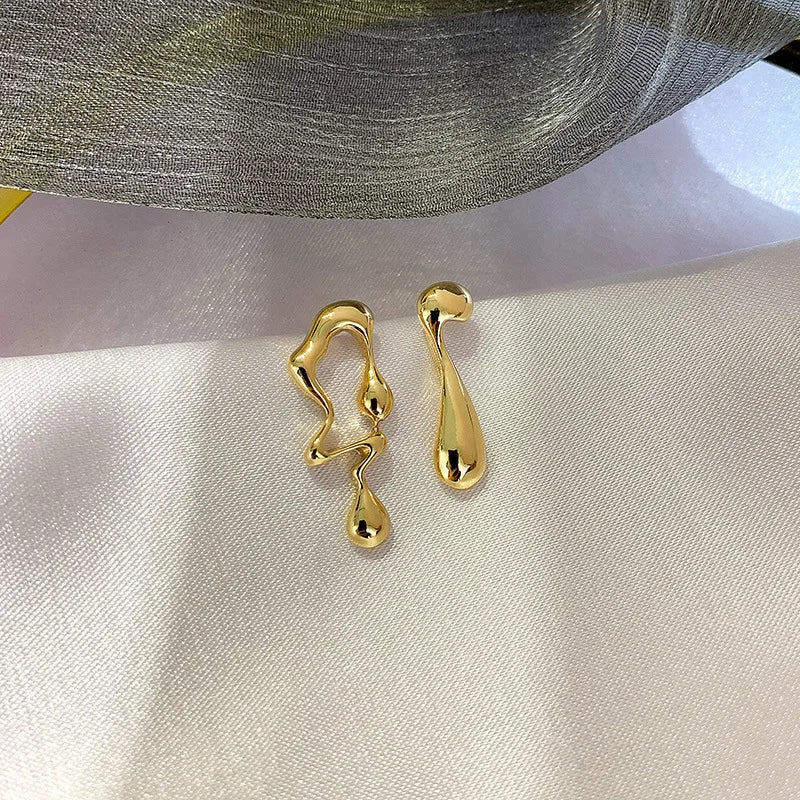 Liquid Metal Geometric Zircon Stud Earrings | Asymmetrical Jewelry for Women and Men