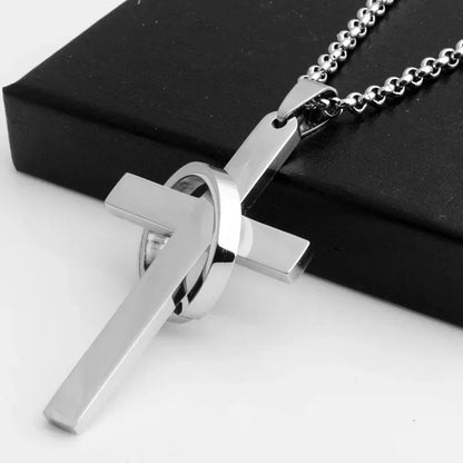 Simple Cross With Circle Pendant Necklace | Stainless Steel Christ Cruz Chain for Men and Boys
