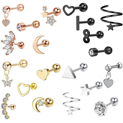 5PCS Heart Tragus Piercing Stud Earring Set | Small Lobe Stud Earrings Cartilage Piercing Helix Jewelry Barbell Stud Piercing Lot