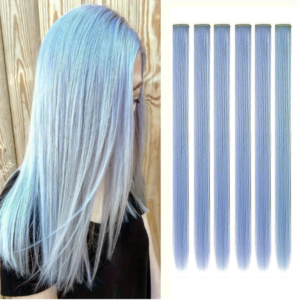 Clip in Hair Extensions 6pcs/pack Colored Party Highlights 22 inches Multi-colors Straight Hair Synthetic Hairpieces Purple Pink