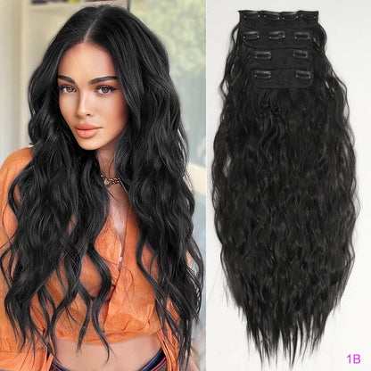 Voluminous Brown-Blonde Clip-In Extensions: 60.96 cm Wavy & Curly Synthetic Hair Set