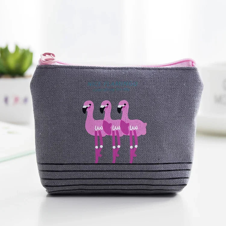 Korean Square Flamingo Coin Money Pouch | Small Canvas Zipper Wallet for Students