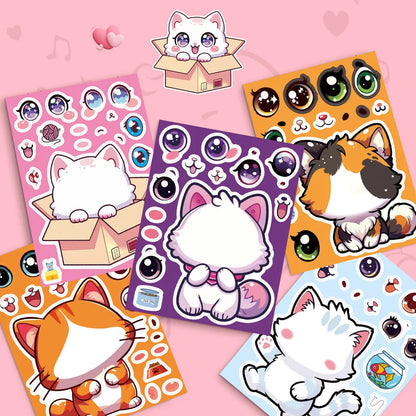 8 Pcs Cute Kitten Dress-Up Stickers for Kids | Cartoon Puzzle Toy and Waterproof Notebook Decor