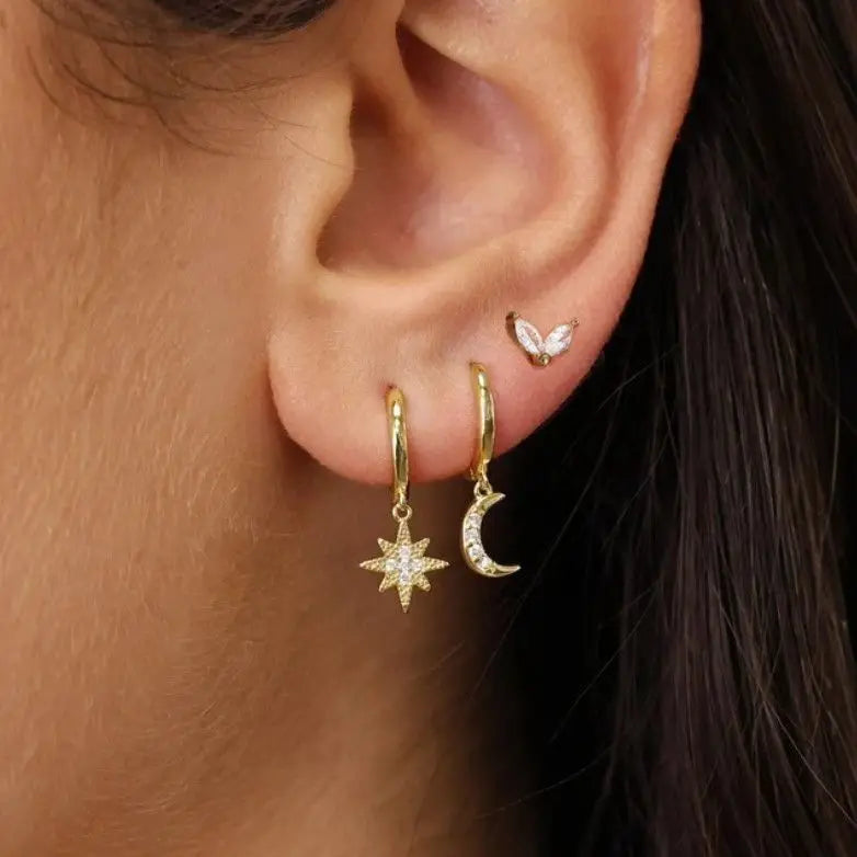 3Pcs Crystal Tragus Stud Earring Set | Flower Cartilage Huggie Earring Bulk Helix Jewelry Women Fashion Heart Lobe Earring Pack