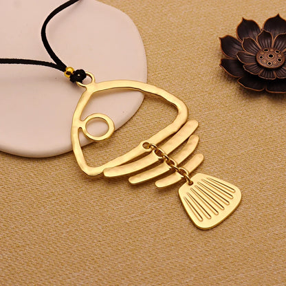 Matte Golden Fishbone Pendant Necklace | Bohemian Punk Long Chain for Women