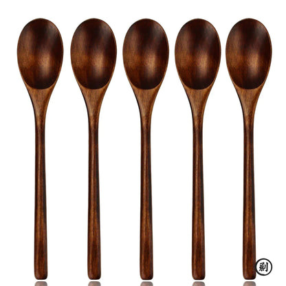 5-Piece Wooden Spoon & Fork Set – Natural Eco-Friendly Tableware | Handmade Ellipse Soup Ladle & Cooking Utensil Set