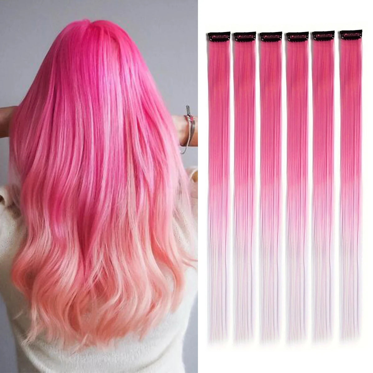 Clip in Hair Extensions 6pcs/pack Colored Party Highlights 22 inches Multi-colors Straight Hair Synthetic Hairpieces Purple Pink