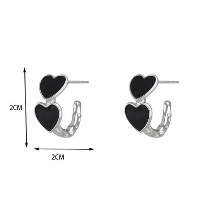 Vintage Goth Black Enamel Heart Stud Earrings | Dark Aesthetic Hollow Metal C-Shaped Jewelry