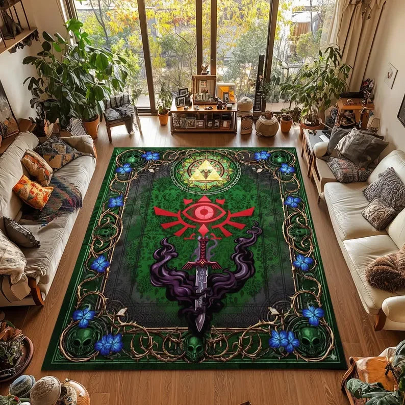 Castle Rug Graffiti-Triforce Gamer Room Decor Gaming Rug for HHyrule Lovers Mystical Eclectic Gamer Christmas Gift