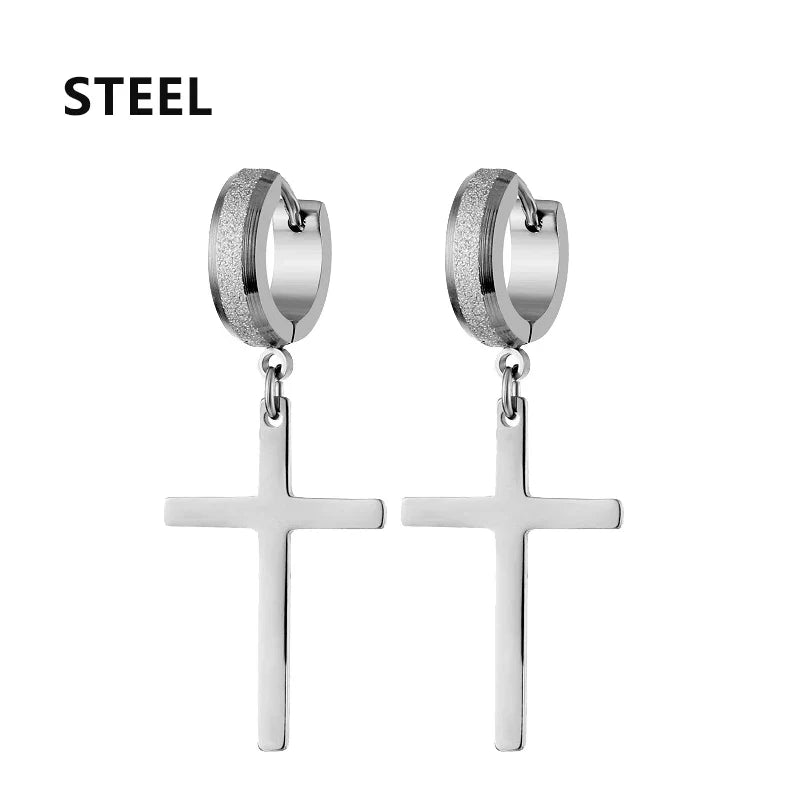 Stainless Steel Frosting Hoop Earrings | Punk Cross Dangle Earrings for Unisex