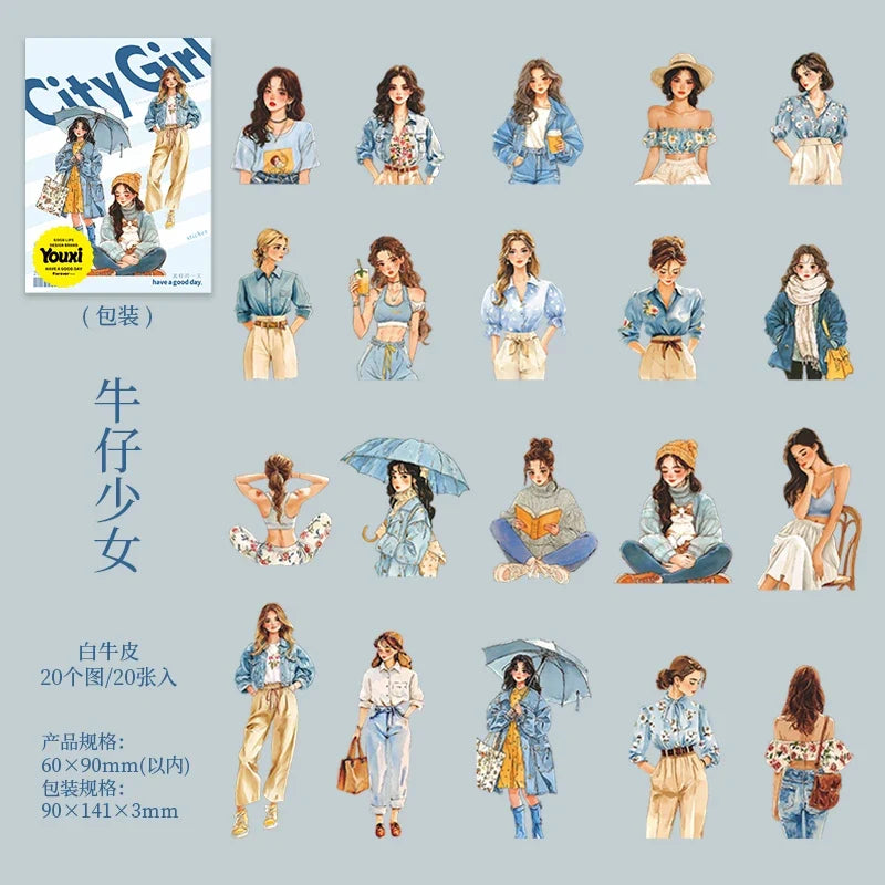 20pcs Fashion Girl Wear Stickers Set | Trendy Character Decals for Laptop Scrapbooking Diary DIY Collage Junk Journal