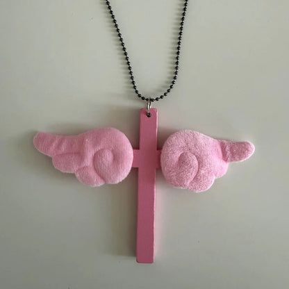 Pink Wing Cross Pendant Necklace | Y2K Gothic Jewelry for Women