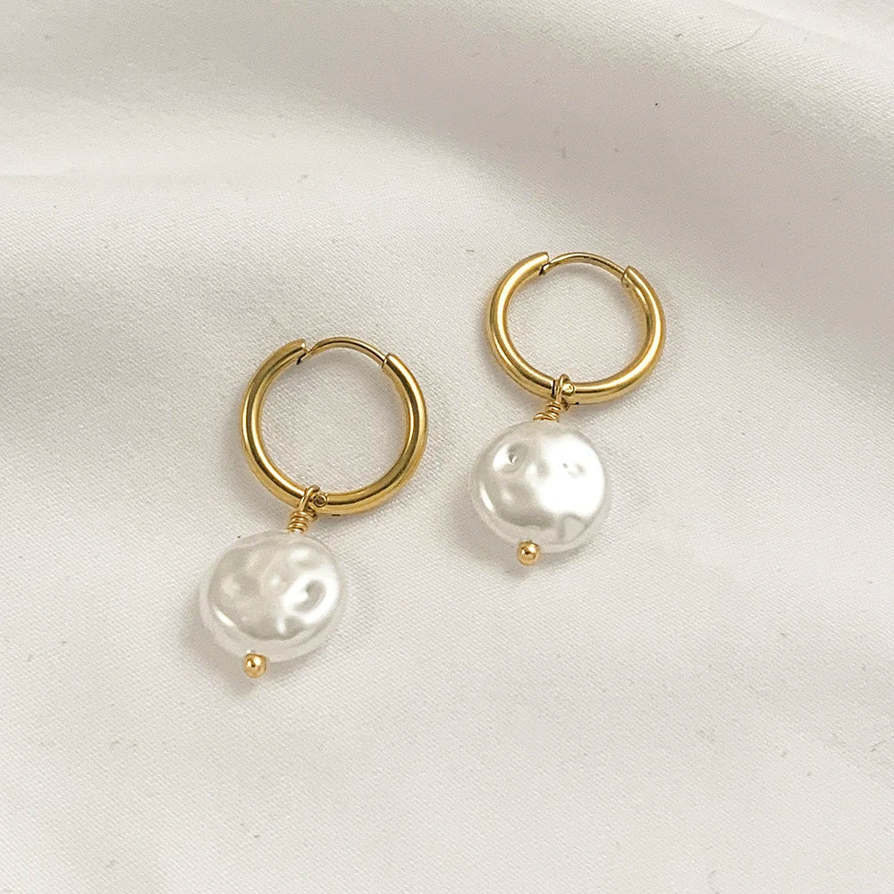 Trendy Asymmetry Pearl Drop Earrings | Stainless Steel Huggie Hoops for Women