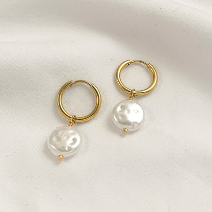 Trendy Asymmetry Pearl Drop Earrings | Stainless Steel Huggie Hoops for Women