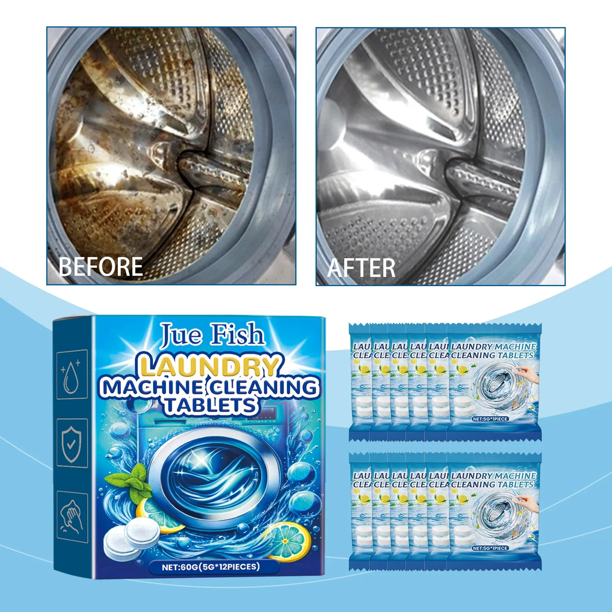 12PCS Washing Machine Cleaning Effervescent Tablets Deeply Cleans Stubborn Dirt Eliminates Odors Mild No Residue For All Models