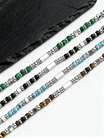 Trendy Men's Natural Stone Beaded Necklace | Classic Stainless Steel Metal Bead Choker
