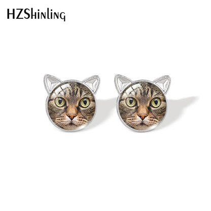 Lovely Cat Face Stud Earrings | Handmade Glass Dome Photo Printed Jewelry for Women