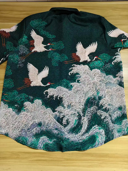 Embossed Flying Crane and Wave Printing Casual Short Sleeved Shirt