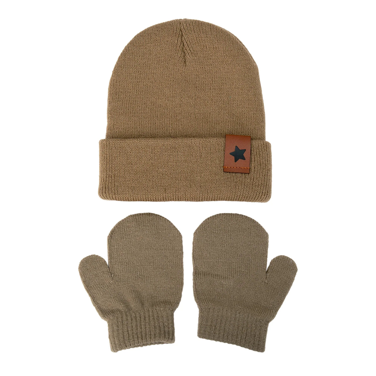 Baby Knitted Hat and Glove Set | Solid Winter Turban with Leather Star Tag