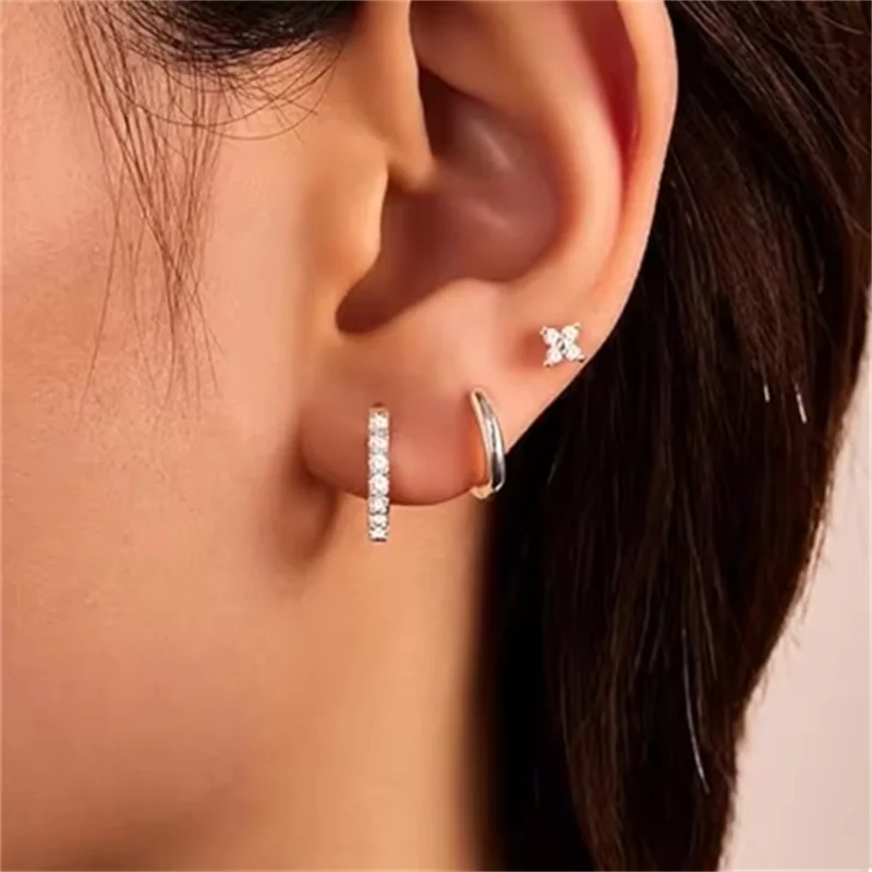 3Pcs Double Crystal Tragus Earring Floral Set | Cartilage Helix Stud Earrings Bulk Lobe Hoop Earring Lot Women Fashion Jewelry Gift
