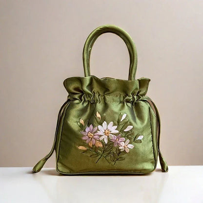 ZTBBAO Embroidered Flower Bucket Bag | Small Top Handle Handbag for Women