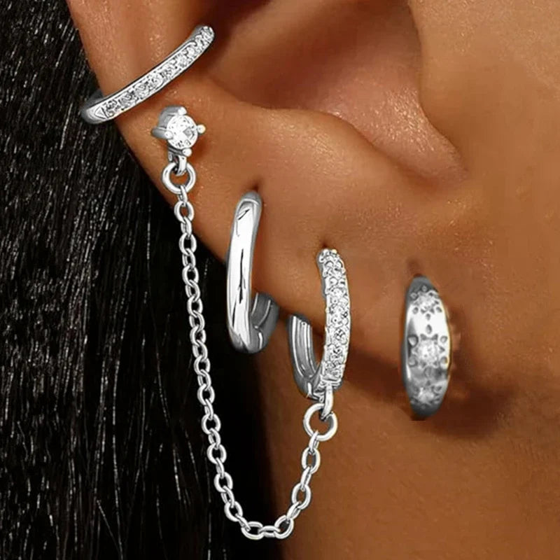 4PC Chain Huggie Earring Set | Flower Tragus Hoop Earrings for Women