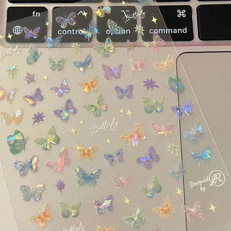 1/5sheets Fashion Butterfly Wing Streamer Laser Stickers Advanced Embossed Nail Art Stickers Colorful Butterfly Fairy Stickers