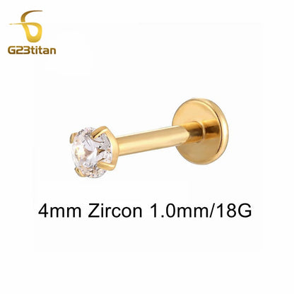 16G 18G Titanium Labret Stud Nose Ring | Zircon Internally Threaded Body Jewelry for Tragus and Helix