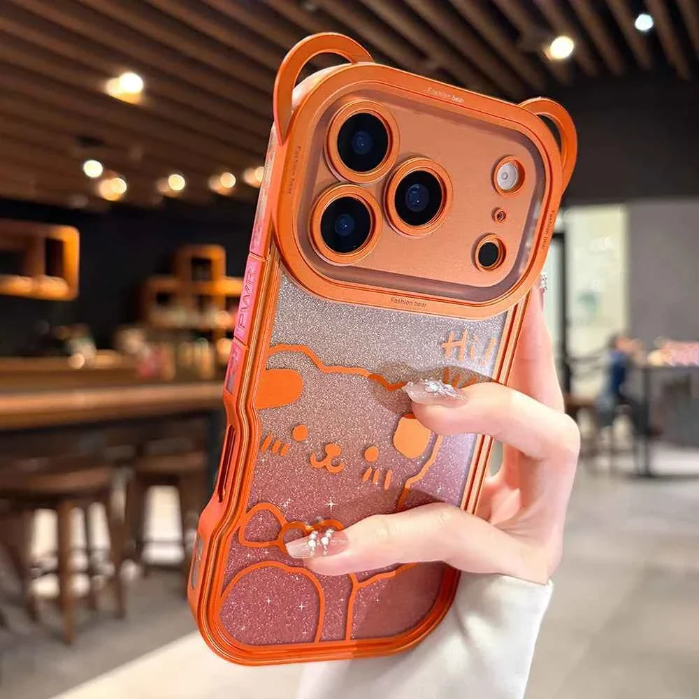 Orange Cute Bear Ear Plating Transparent Long Lanyard Case For iPhone 17 Pro Max 17Pro 17 Air Clear Soft TPU Shockproof Cover