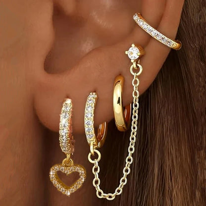 4PC Chain Huggie Earring Set | Flower Tragus Hoop Earrings for Women