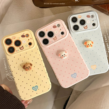 Korean Polka Dots 3D Cartoon Puppy Phone Case For iPhone 17 16 15 14 13 12 Pro Max Candy Colors Shockproof Protective Soft Cover