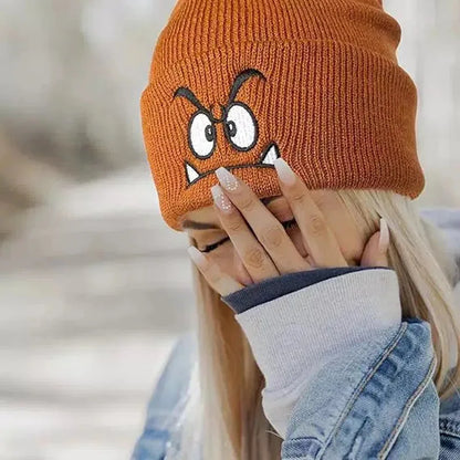 Angry expression embroidered knitted hat, warm woolen hat for men's and women'soutdoor sports events in autumn and winter