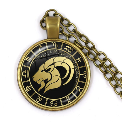 12 Constellation Zodiac Pendant Necklace | Antique Bronze Glass Dome Jewelry