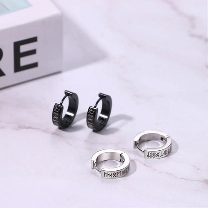 Norse Viking Runes Hoop Earrings | Stainless Steel Huggie Earrings for Men and Women