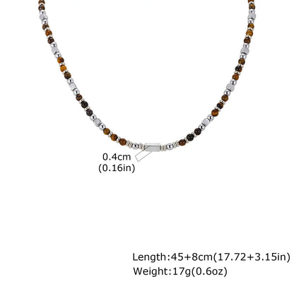 Trendy Men's Natural Stone Beaded Necklace | Classic Stainless Steel Metal Bead Choker