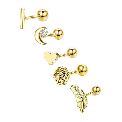 5PCS Heart Tragus Piercing Stud Earring Set | Small Lobe Stud Earrings Cartilage Piercing Helix Jewelry Barbell Stud Piercing Lot