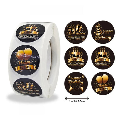 100-500pcs Black Gold Happy Birthday Stickers | Round Party Stickers for Gift Bags and Cards