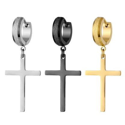 Stainless Steel Frosting Hoop Earrings | Punk Cross Dangle Earrings for Unisex