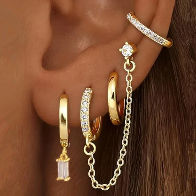 4PC Chain Huggie Earring Set | Flower Tragus Hoop Earrings for Women