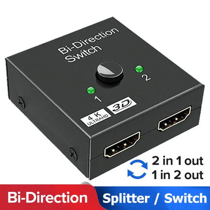 HDMI-Compatible Switch 2 in 1 Out | 4K Bi-Directional Splitter for TV and Gaming