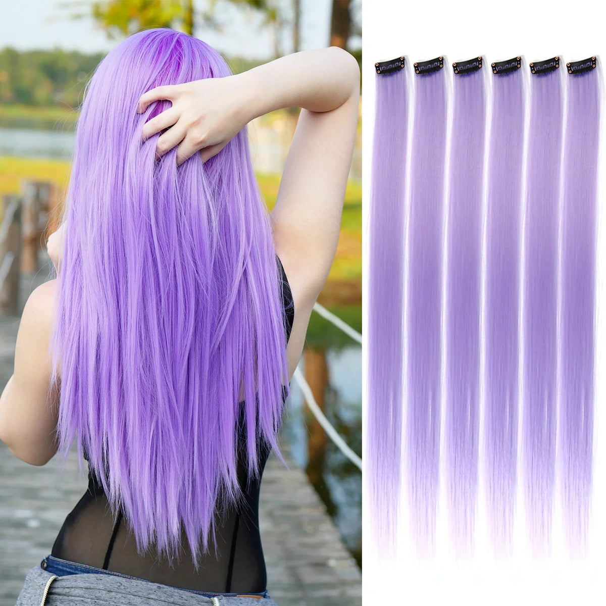 Clip in Hair Extensions 6pcs/pack Colored Party Highlights 22 inches Multi-colors Straight Hair Synthetic Hairpieces Purple Pink